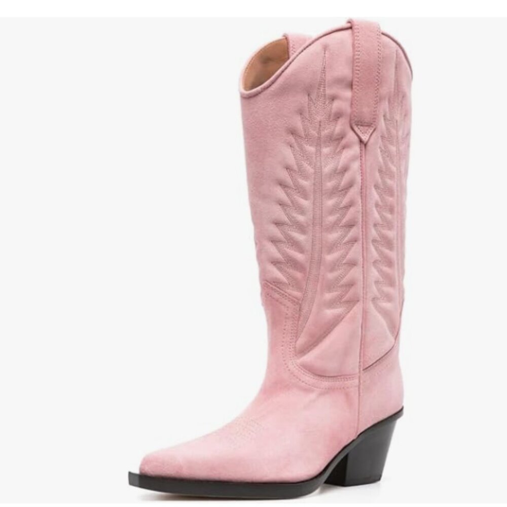 FSJ Pink Western Cowboy Knee High Boots Embroidered Wide Calf Cowgirl Boots